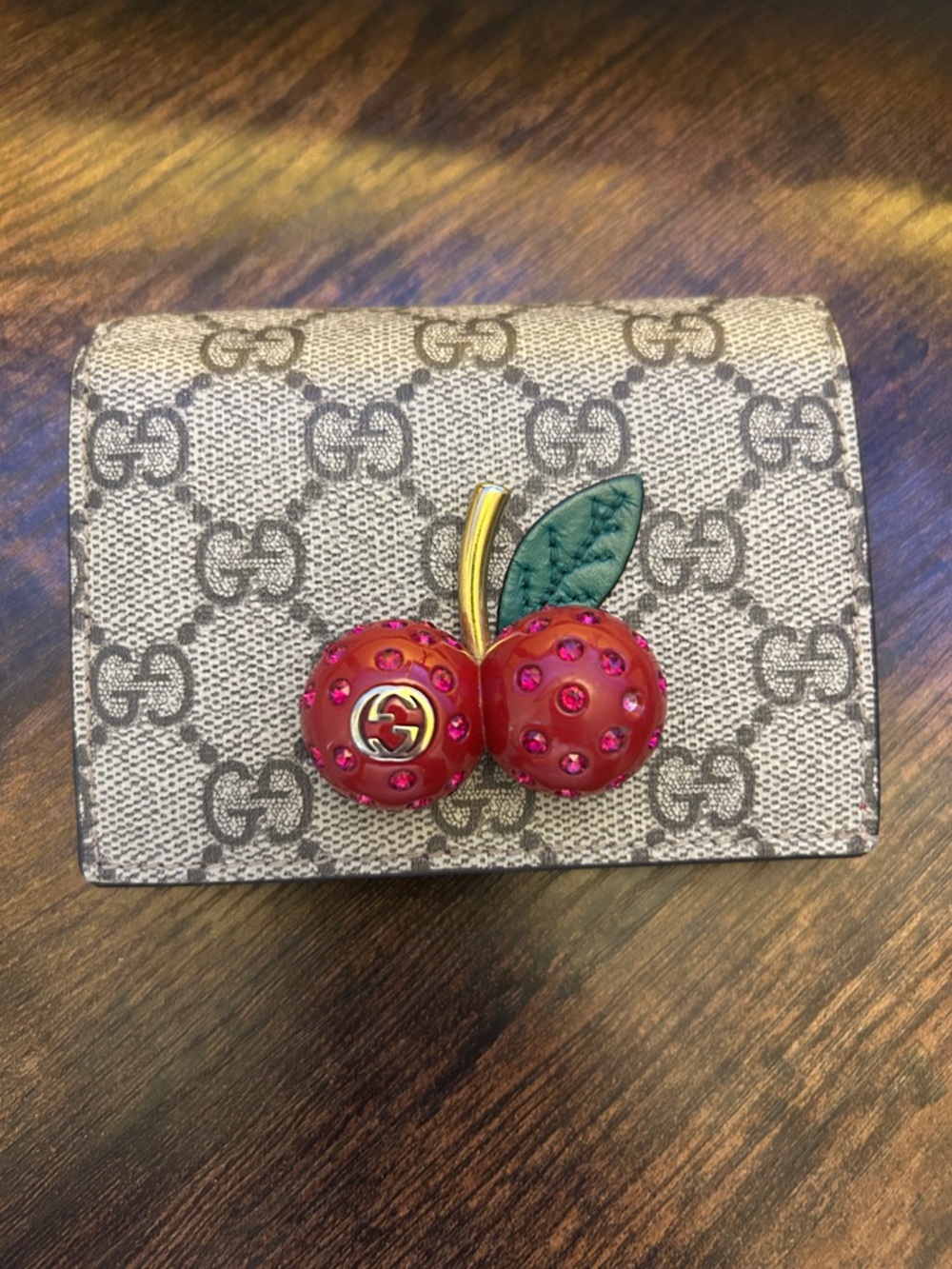 Gucci Beige GG Monogram Card Holder with Red Jeweled Cherry